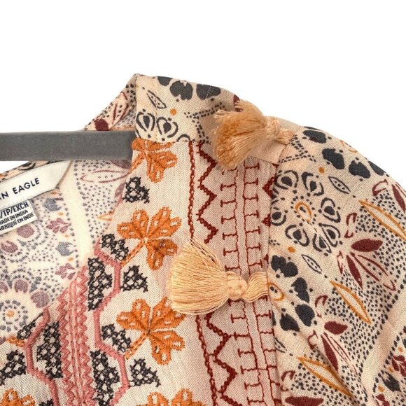 American Eagle Womens Boho Floral Patchwork Long Sleeve Peplum Blouse XS Tassel - Picture 6 of 11
